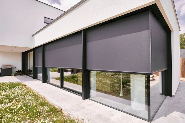 Moderne woning met grijze screens voor de ramen